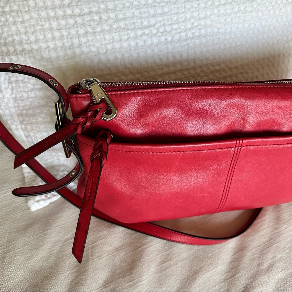 B. Makowsky Red Leather Crossbody Bag with Tassel Detail